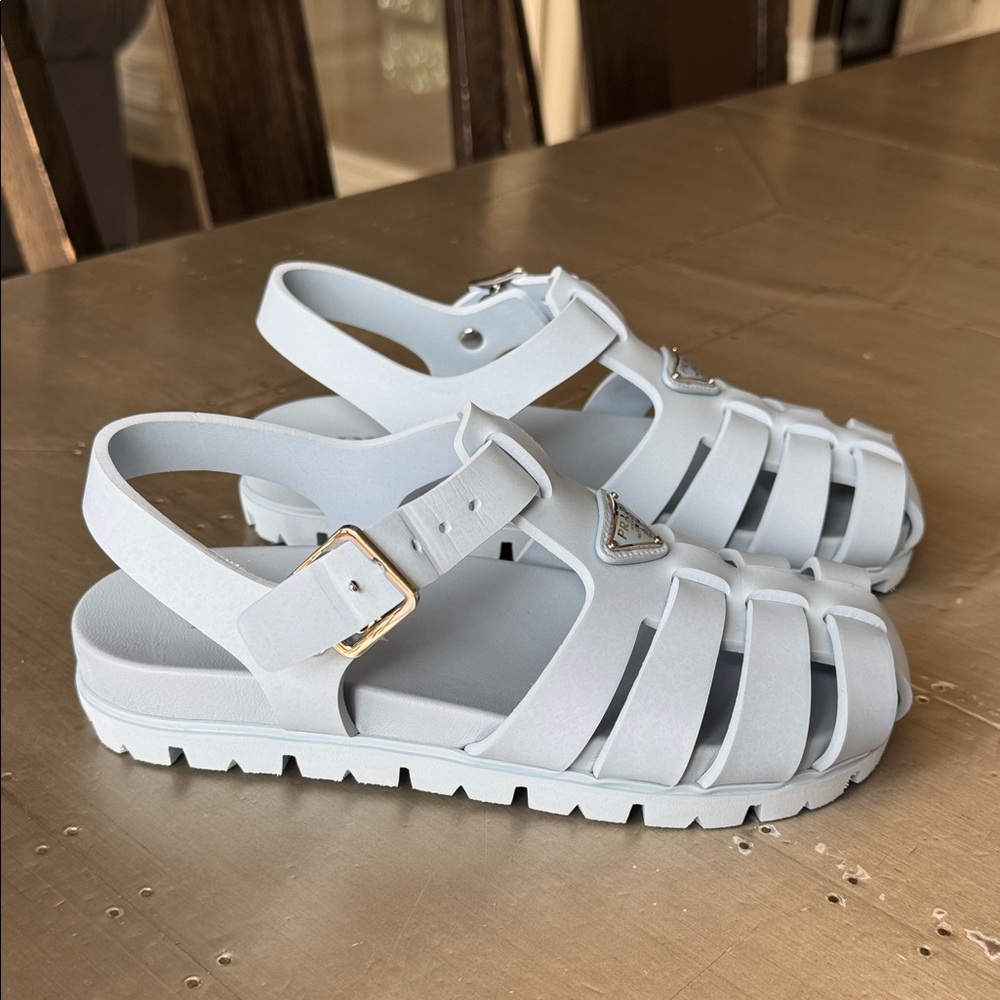 Prada blue cage sandal flat cielo sandals calzature Donna sz 37